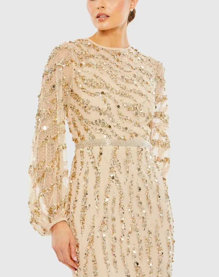 Evening Gowns Women Embellished High Neck Puff Sleeve Trumpet Gown Nude Gold Mac Duggal Evening Gowns Women Embellished High Neck Puff Sleeve Trumpet Gown Nude Gold Mac Duggal