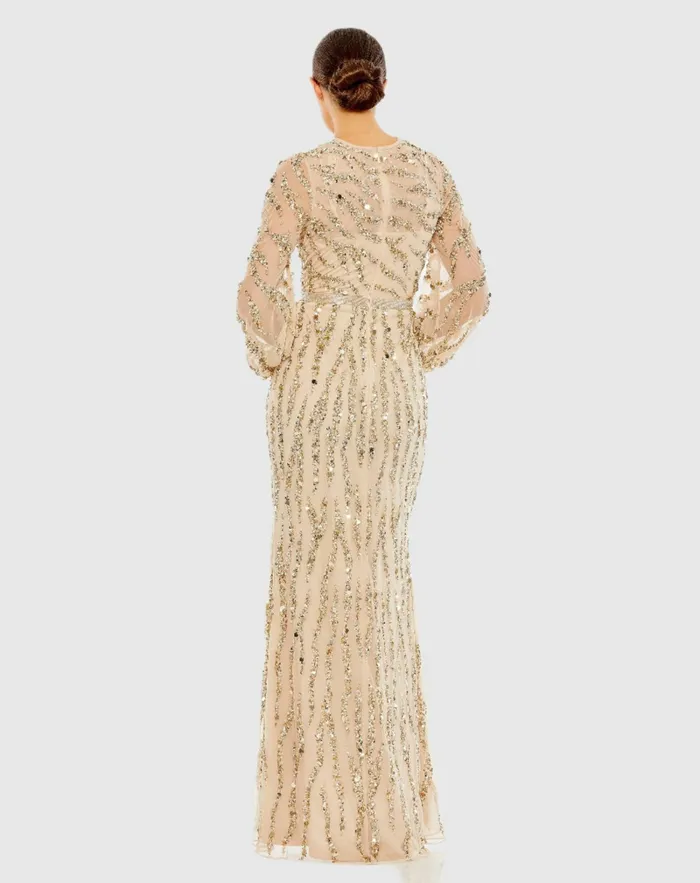 Evening Gowns Women Embellished High Neck Puff Sleeve Trumpet Gown Nude Gold Mac Duggal Evening Gowns Women Embellished High Neck Puff Sleeve Trumpet Gown Nude Gold Mac Duggal