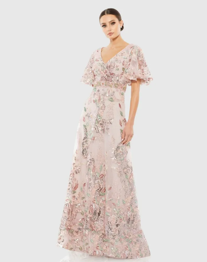 Evening Gowns Women Mac Duggal Floral Embellished Short Sleeve Gown Rose Pink