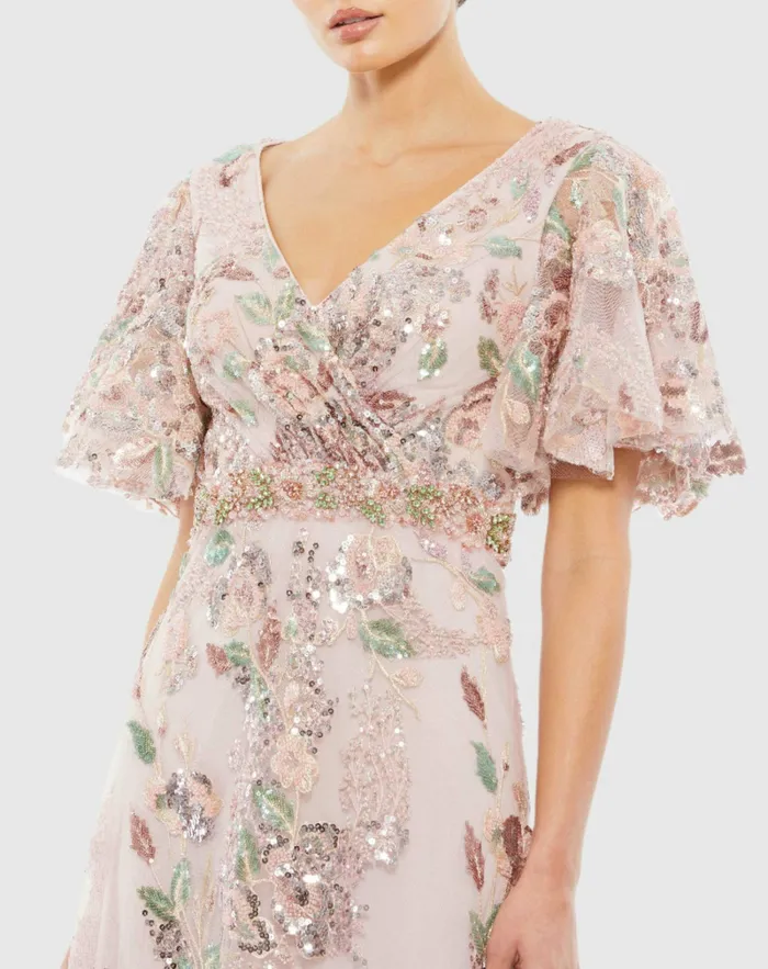 Evening Gowns Women Mac Duggal Floral Embellished Short Sleeve Gown Rose Pink