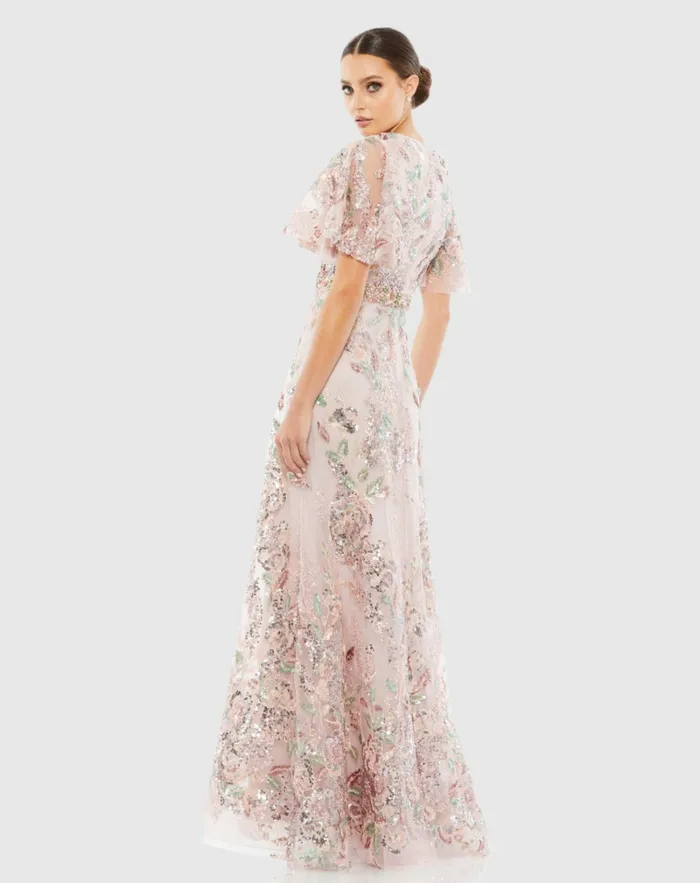 Evening Gowns Women Mac Duggal Floral Embellished Short Sleeve Gown Rose Pink