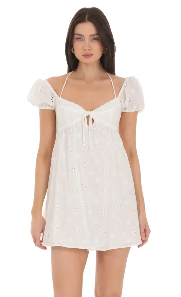 Eyelet Puff Sleeve Babydoll Dress White Women LUCY IN THE SKY Mini Dresses