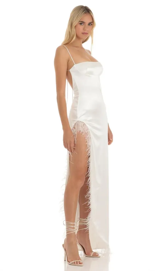 Feathered Maxi Dress White Women LUCY IN THE SKY Maxi Dresses Feathered Maxi Dress White Women LUCY IN THE SKY Maxi Dresses