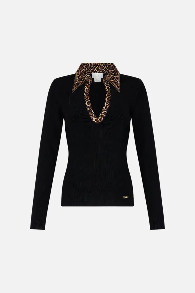 FITTED KNIT TOP WITH SILK COLLAR AMSTERGLAM Amsterglam Womens Camilla Knitwear