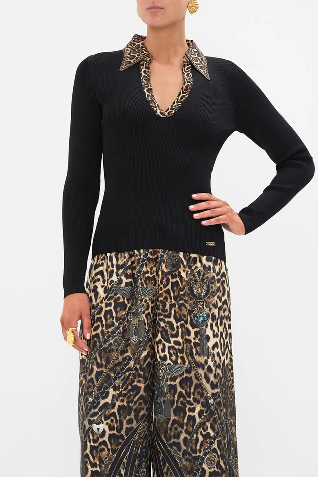 FITTED KNIT TOP WITH SILK COLLAR AMSTERGLAM Amsterglam Womens Camilla Knitwear