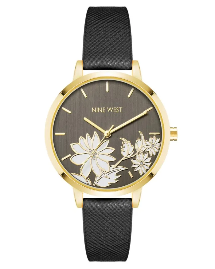Floral Dial Saffiano Strap Watch Black Women Nine West Straps