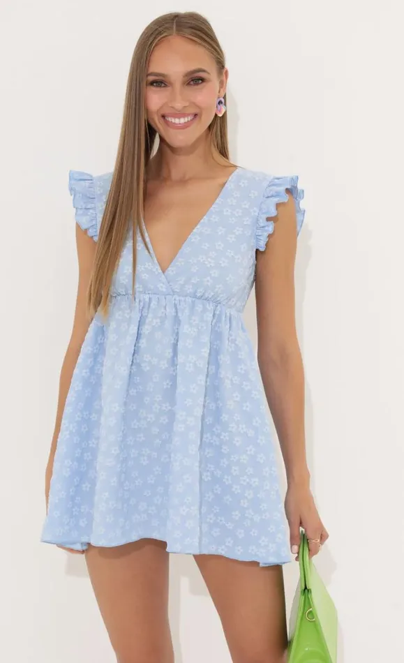 Floral Jacquard Baby Doll Dress Blue Women LUCY IN THE SKY Mini Dresses