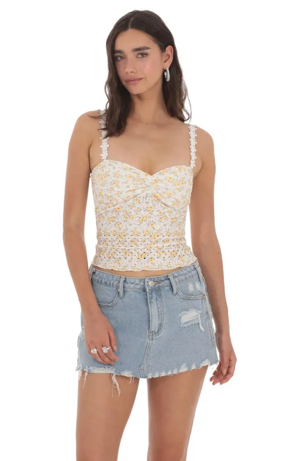 Floral Strap Eyelet Top White And Yellow Women LUCY IN THE SKY Tops
