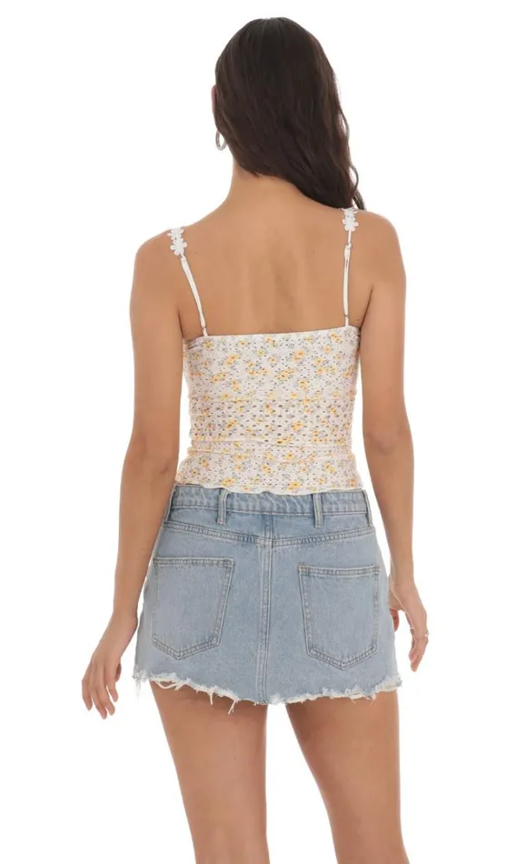 Floral Strap Eyelet Top White And Yellow Women LUCY IN THE SKY Tops