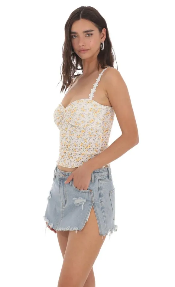 Floral Strap Eyelet Top White And Yellow Women LUCY IN THE SKY Tops