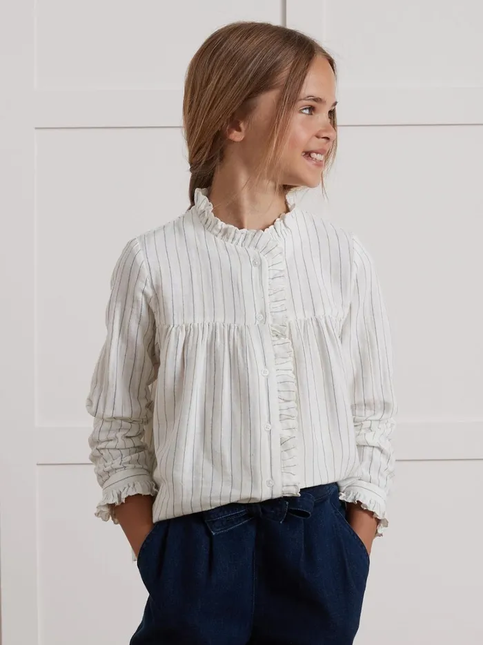 Girls Clothing Cyrillus Cotton Gauze Ruffled Shirt Rayure Bleuecru