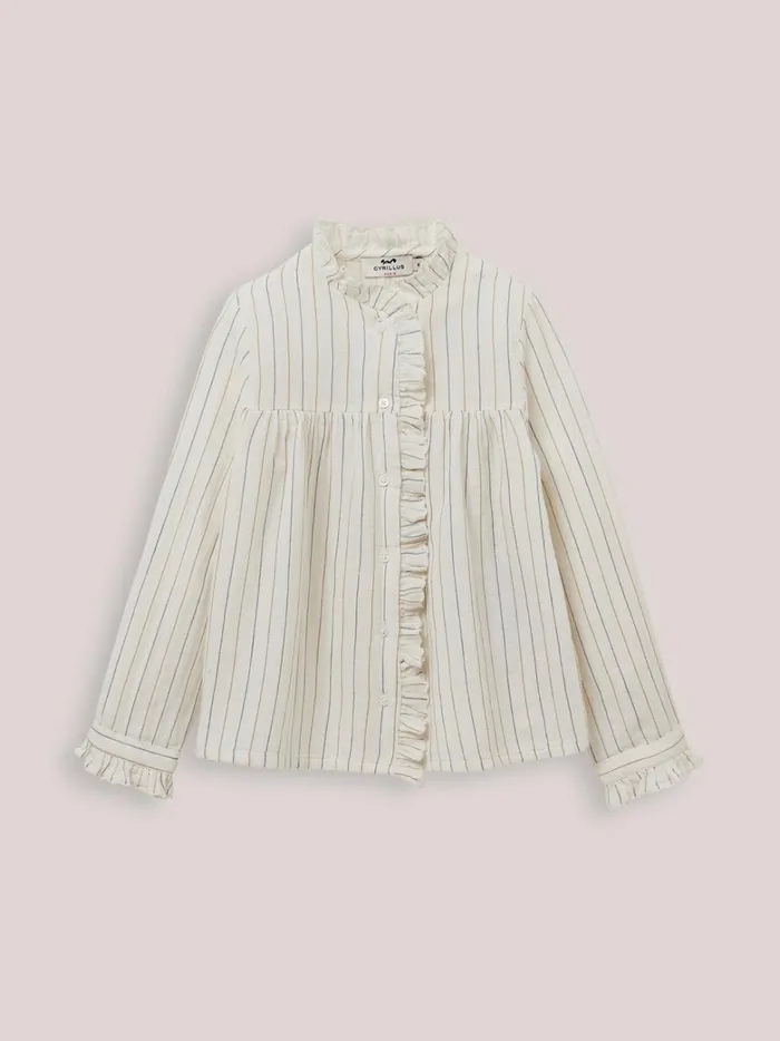 Girls Clothing Cyrillus Cotton Gauze Ruffled Shirt Rayure Bleuecru