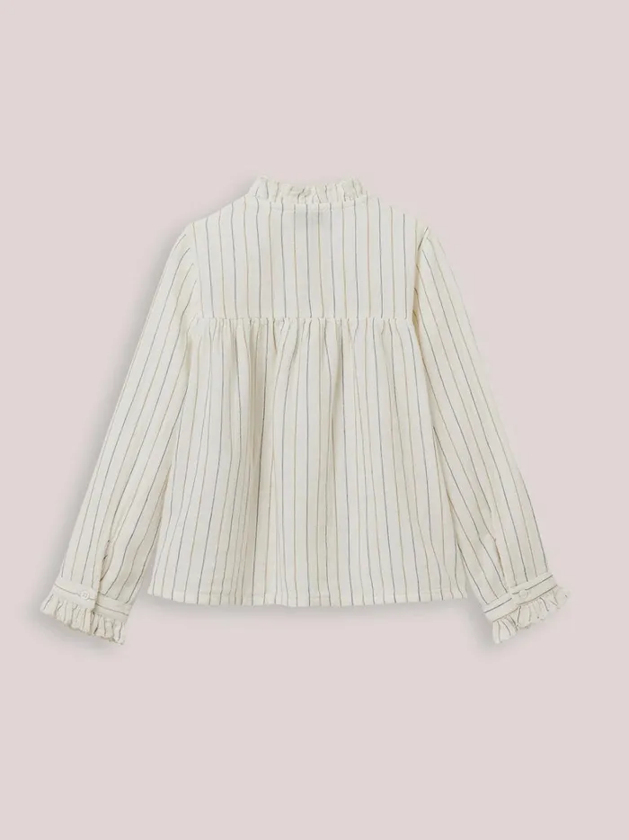 Girls Clothing Cyrillus Cotton Gauze Ruffled Shirt Rayure Bleuecru