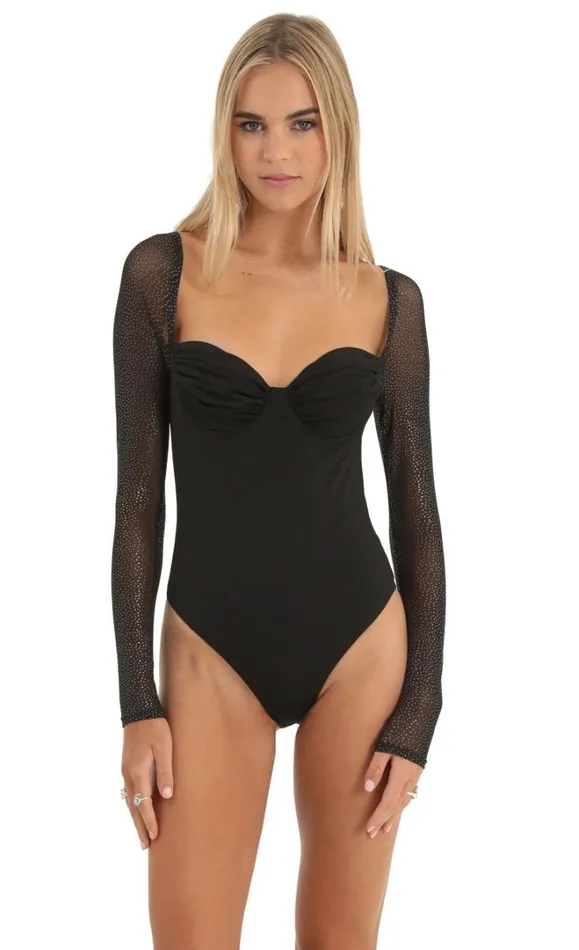 Glitter Mesh Long Sleeve Bodysuit Black Women LUCY IN THE SKY Tops