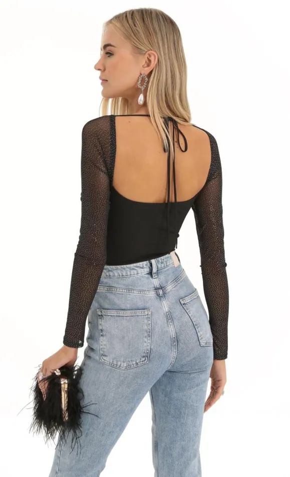 Glitter Mesh Long Sleeve Bodysuit Black Women LUCY IN THE SKY Tops Glitter Mesh Long Sleeve Bodysuit Black Women LUCY IN THE SKY Tops