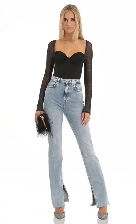Glitter Mesh Long Sleeve Bodysuit Black Women LUCY IN THE SKY Tops Glitter Mesh Long Sleeve Bodysuit Black Women LUCY IN THE SKY Tops