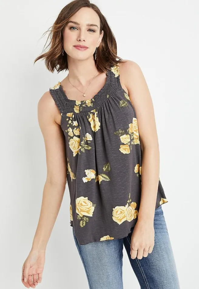 Gray Floral Square Smocked Neck Tank Top Women Maurices Tops