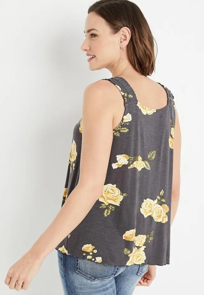 Gray Floral Square Smocked Neck Tank Top Women Maurices Tops