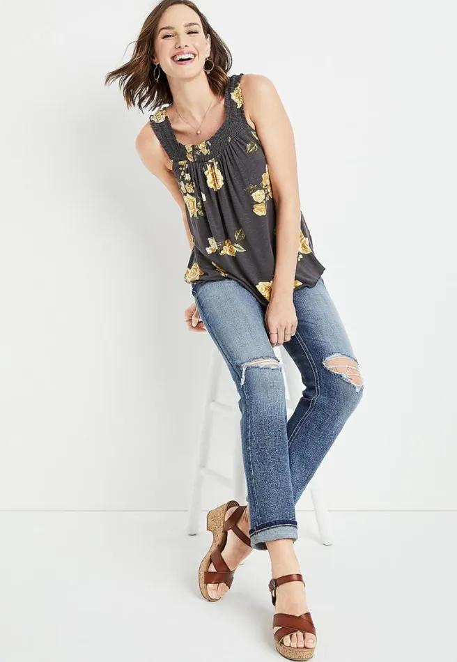 Gray Floral Square Smocked Neck Tank Top Women Maurices Tops