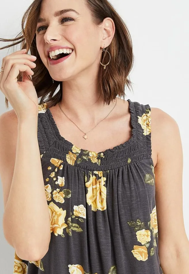 Gray Floral Square Smocked Neck Tank Top Women Maurices Tops