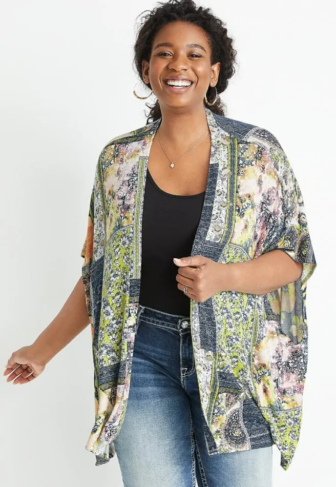 Gray Patchwork Floral Kimono Women Maurices Plus Tops