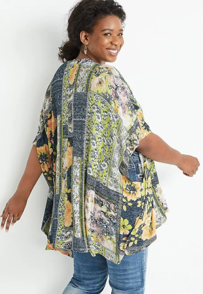 Gray Patchwork Floral Kimono Women Maurices Plus Tops