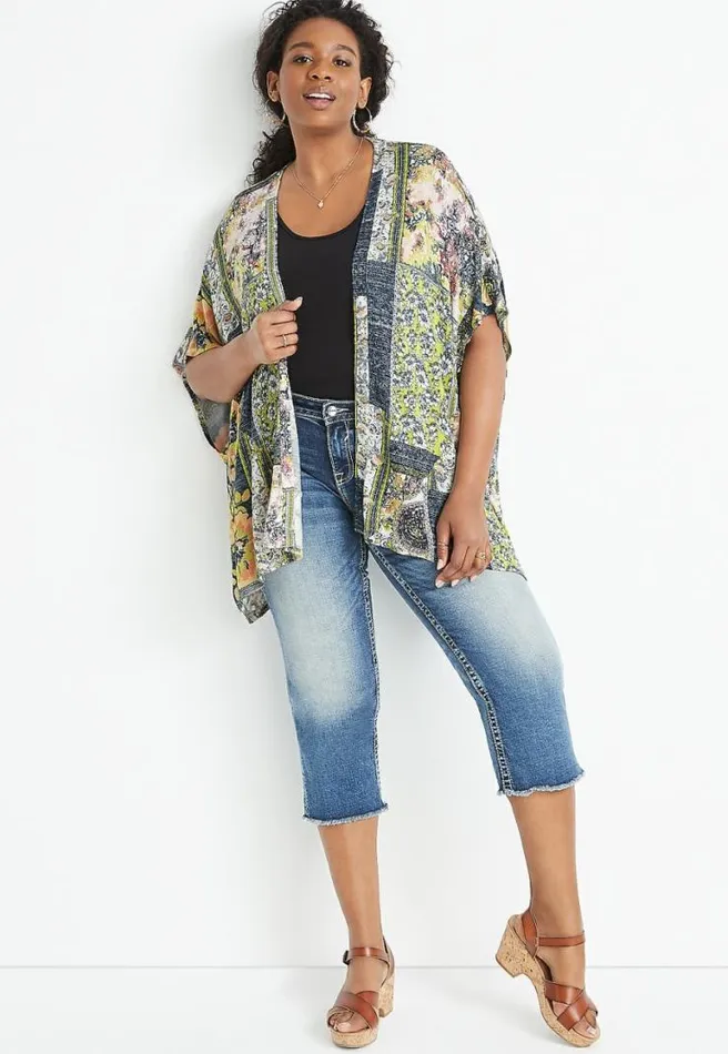 Gray Patchwork Floral Kimono Women Maurices Plus Tops