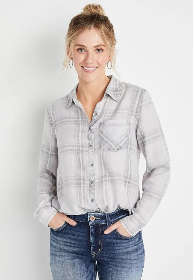 Gray Plaid Button Down Shirt Women Maurices Tops