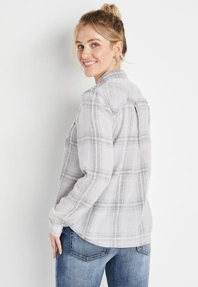 Gray Plaid Button Down Shirt Women Maurices Tops