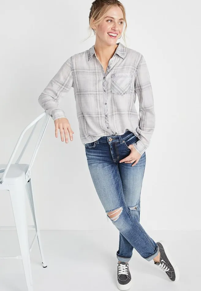 Gray Plaid Button Down Shirt Women Maurices Tops