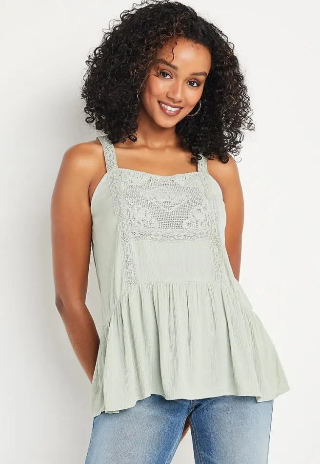 Green Crochet Square Neck Babydoll Tank Top Women Maurices Tops