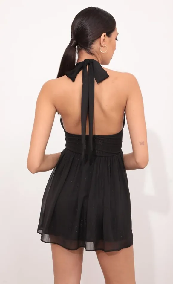 Halter Dress Black Crinkle Chiffon Women LUCY IN THE SKY Mini Dresses
