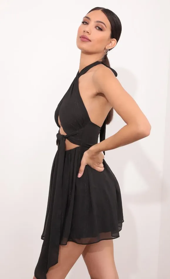 Halter Dress Black Crinkle Chiffon Women LUCY IN THE SKY Mini Dresses