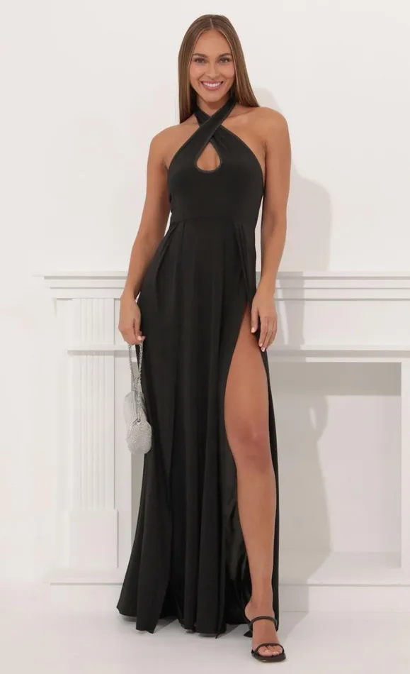 Halter Maxi Dress Black Women LUCY IN THE SKY Maxi Dresses