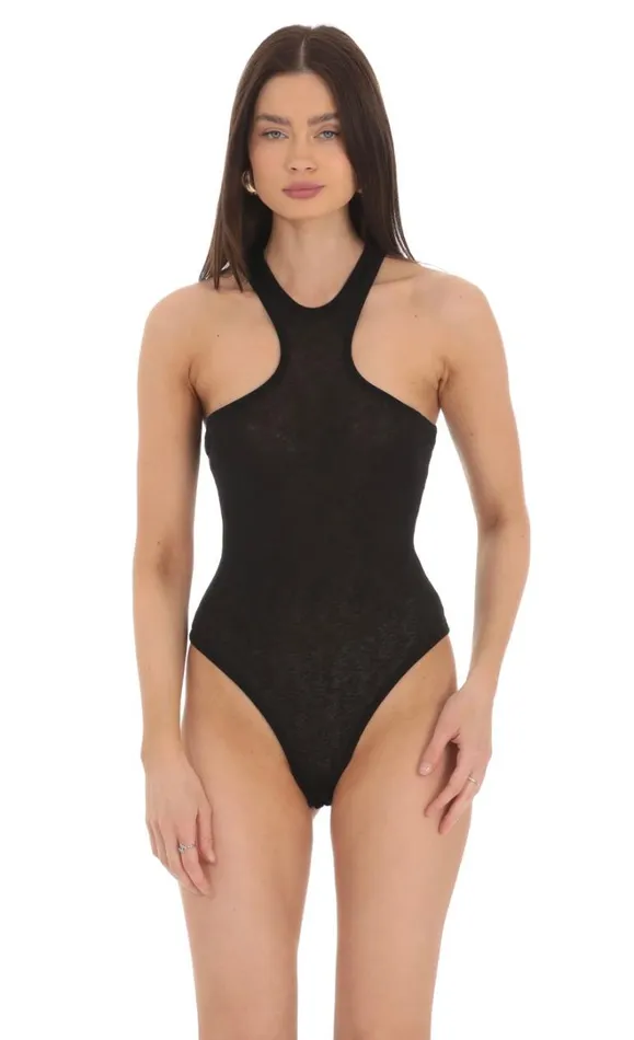 Heathered Sheer Bodysuit Black Women LUCY IN THE SKY Bodysuits
