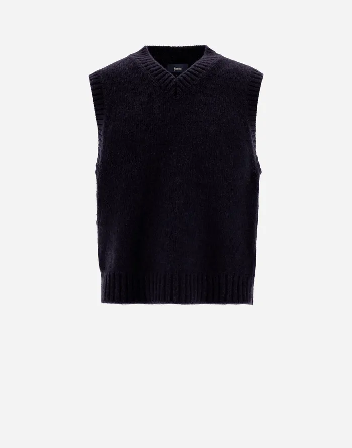 Herno VEST IN PLAINALPACA WOOL Navy Blue Men Knitwear