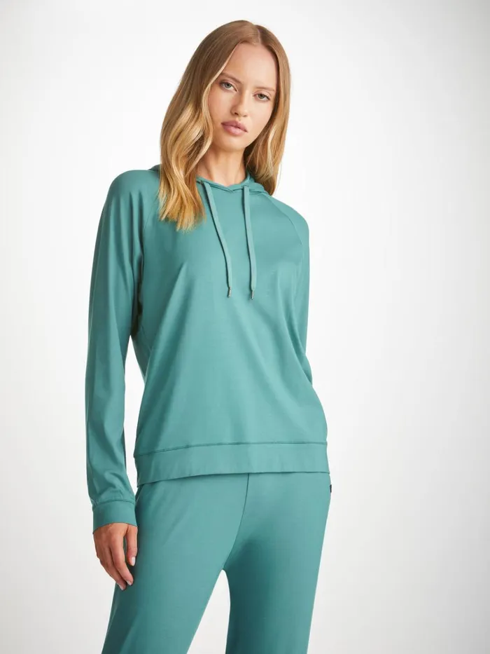 Hooded Tops Women Derek Rose Pullover Hoodie Basel Micro Modal Stretch Teal