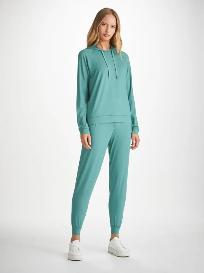 Hooded Tops Women Derek Rose Pullover Hoodie Basel Micro Modal Stretch Teal