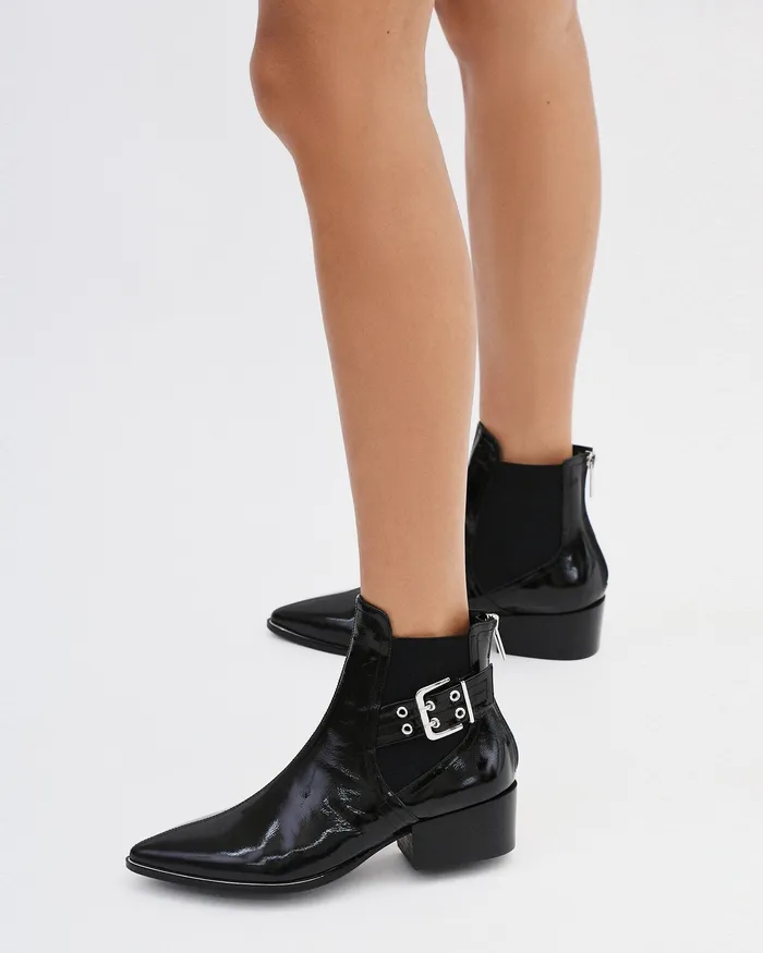 jomercer ANKLE BOOTS Women River flat ankle boots black crinkle patent