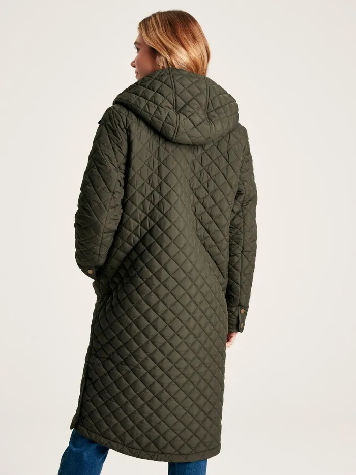 Joules Coats and Jackets Women Green Showerproof Long Diamond Quilted Coat With Hood