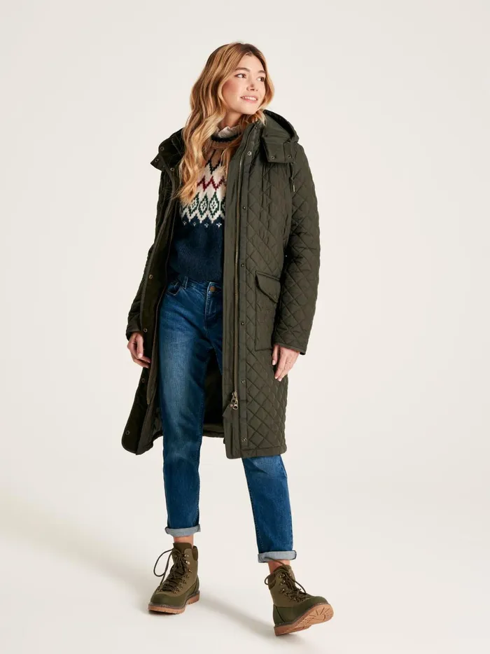 Joules Coats and Jackets Women Green Showerproof Long Diamond Quilted Coat With Hood