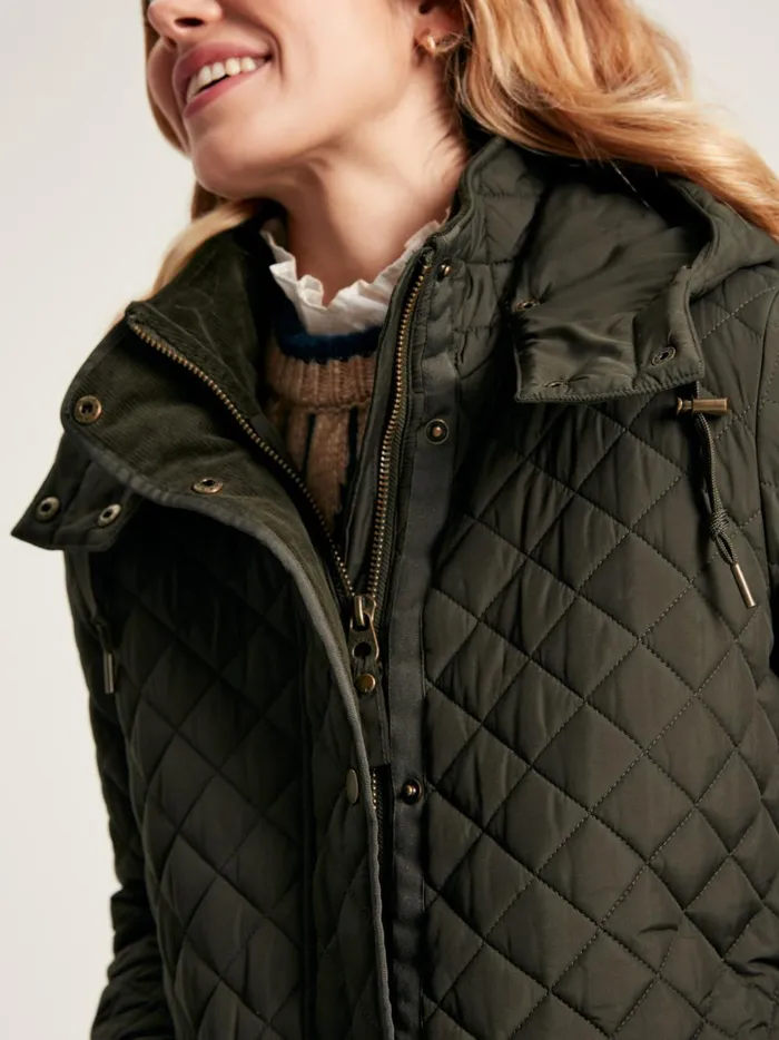 Joules Coats and Jackets Women Green Showerproof Long Diamond Quilted Coat With Hood