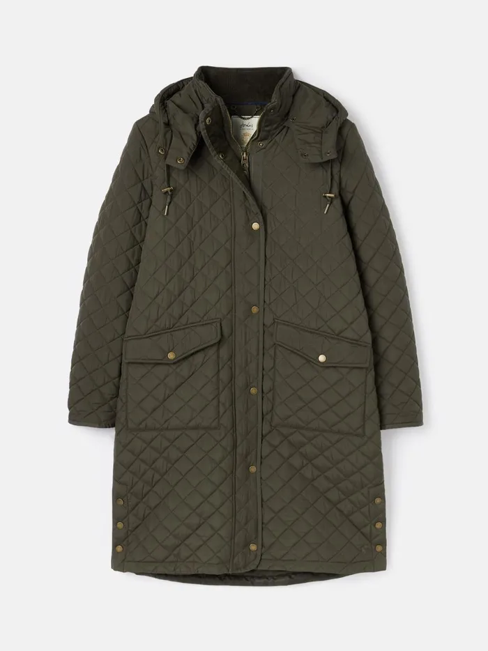 Joules Coats and Jackets Women Green Showerproof Long Diamond Quilted Coat With Hood