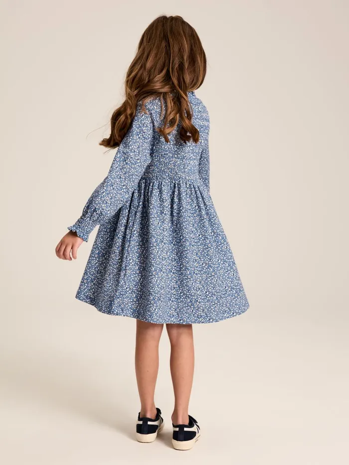 Joules Dresses Girls Blue Shirred Printed Dress