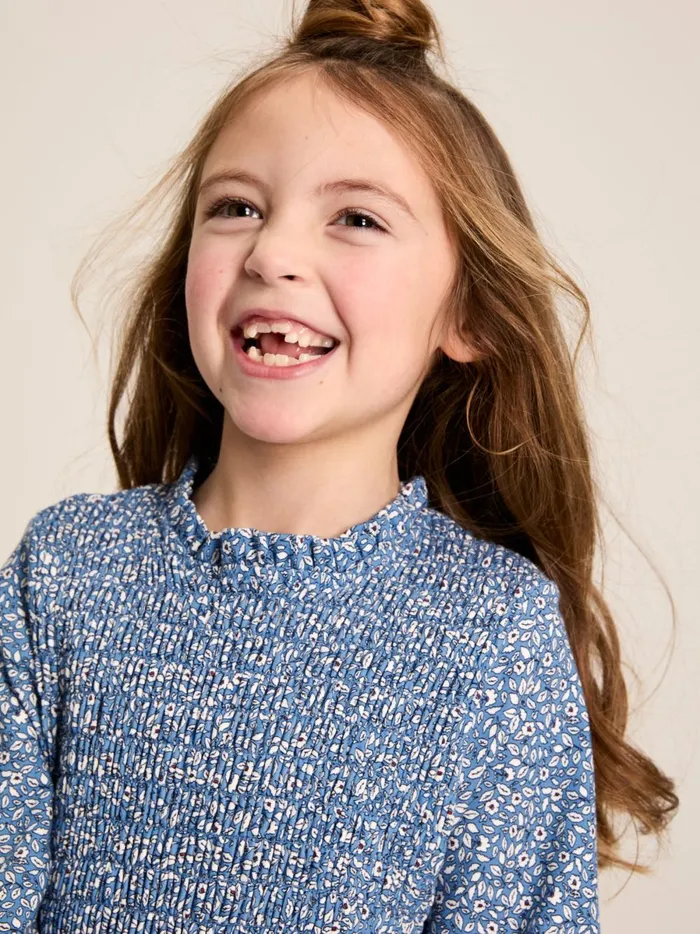 Joules Dresses Girls Blue Shirred Printed Dress