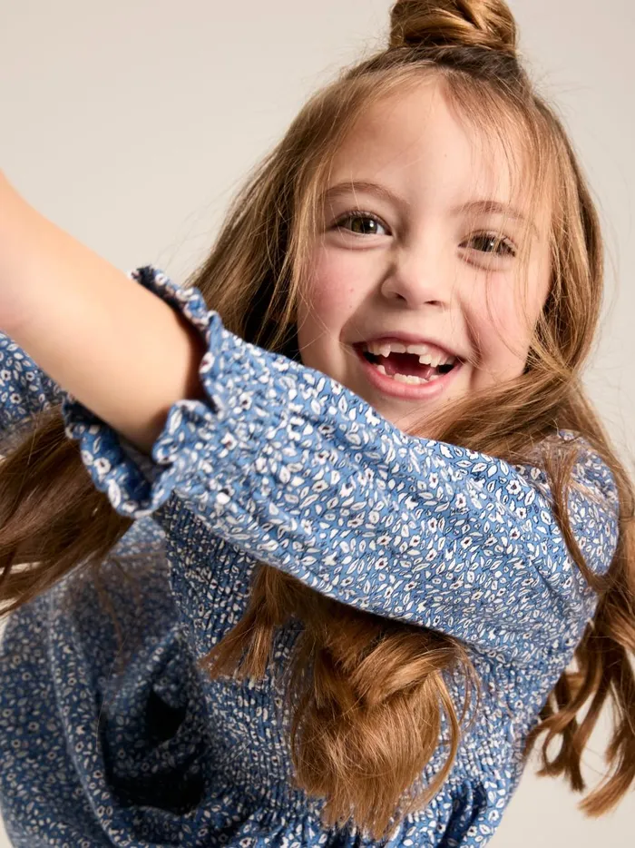 Joules Dresses Girls Blue Shirred Printed Dress