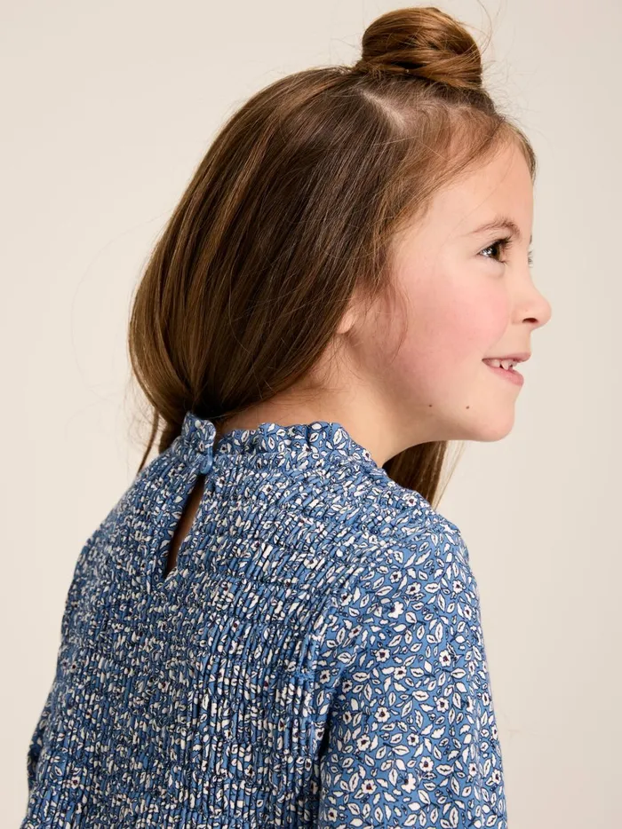 Joules Dresses Girls Blue Shirred Printed Dress
