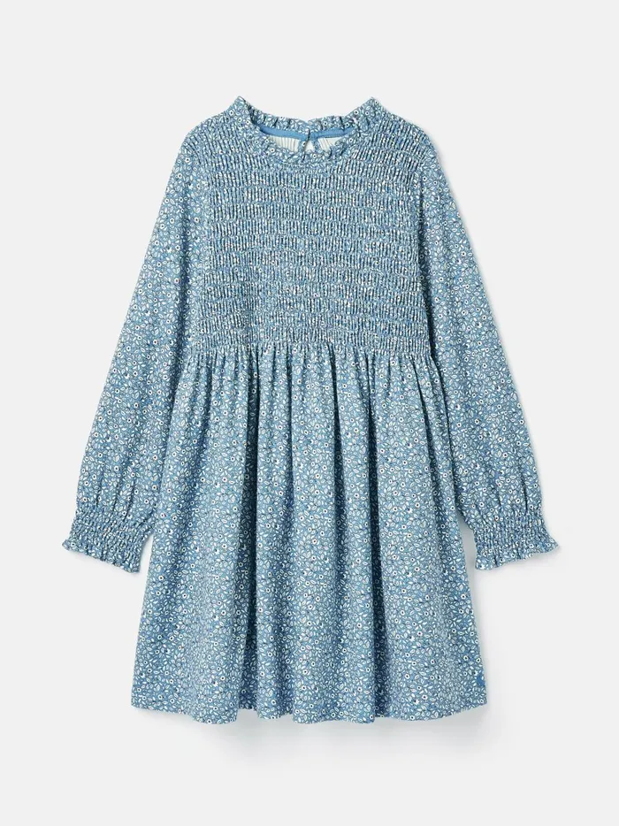 Joules Dresses Girls Blue Shirred Printed Dress