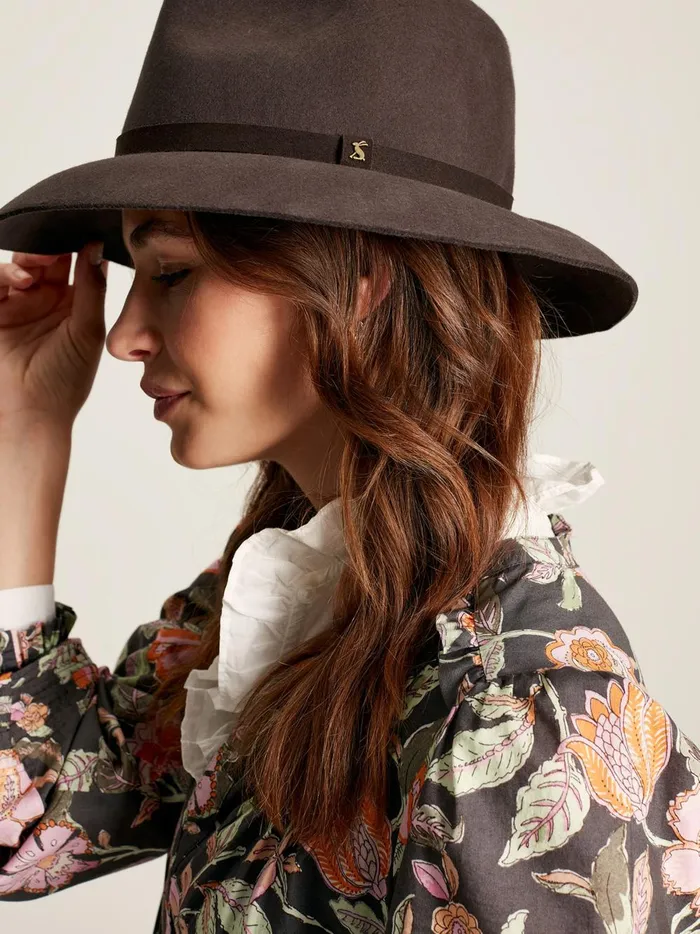 Joules Hats Women Brown Wide Brim Wool Fedora