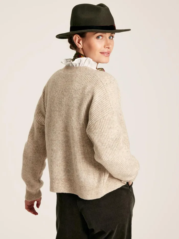 Joules Knitwear Women Brown V Neck Ribbed Knit Buttoned Cardigan